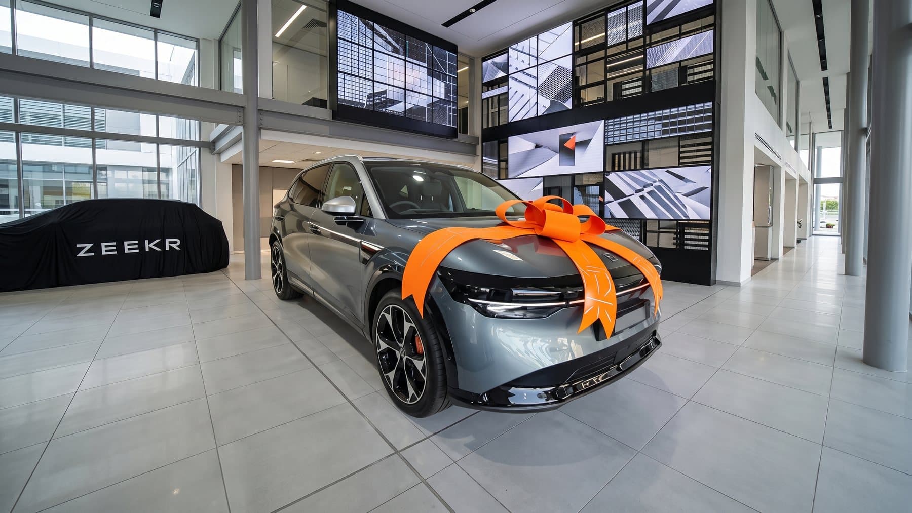 A new vehicle on a dealership showroom floor, ribboned for handover