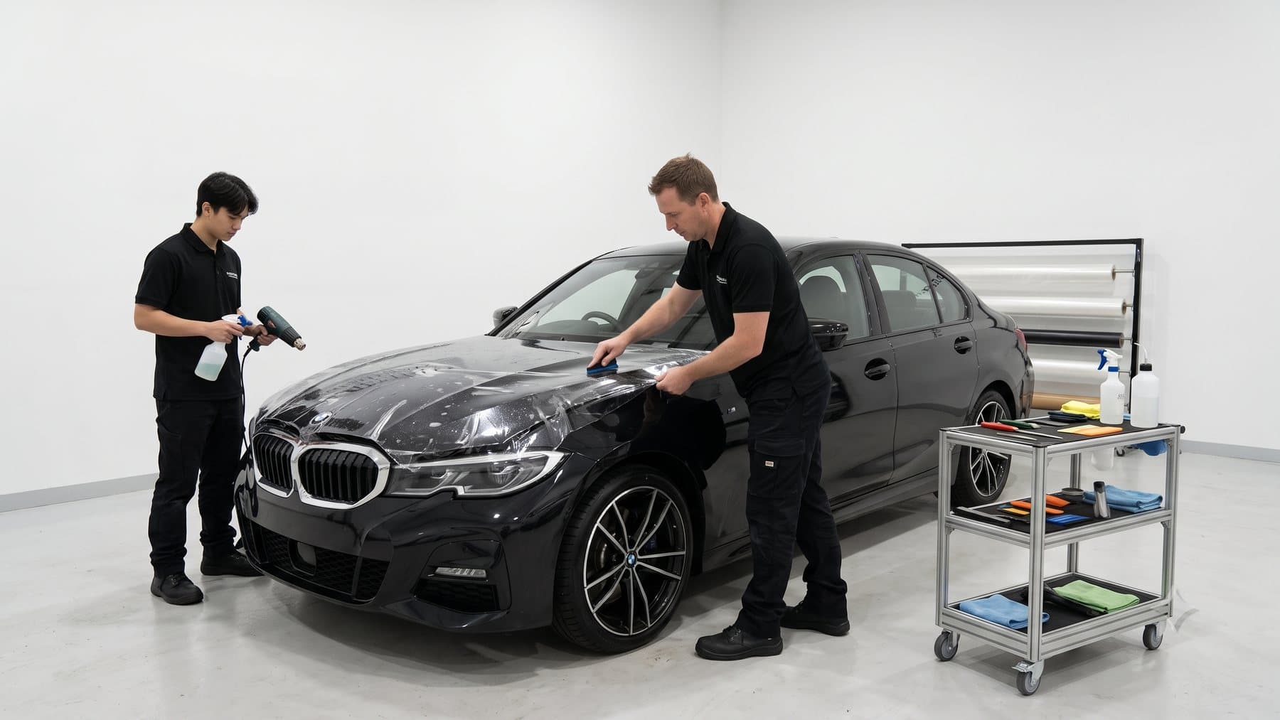 Two FleetShield specialists working on a vehicle in the workshop