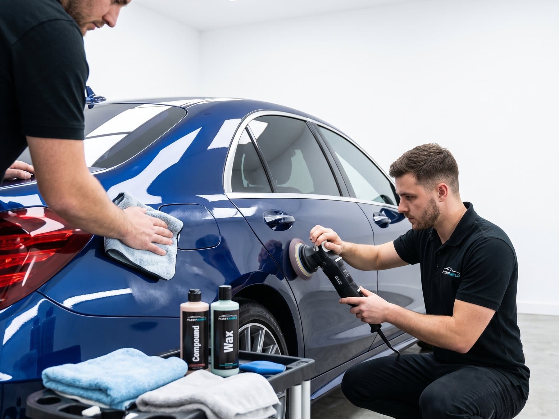 Two FleetShield specialists machine polishing a blue sedan