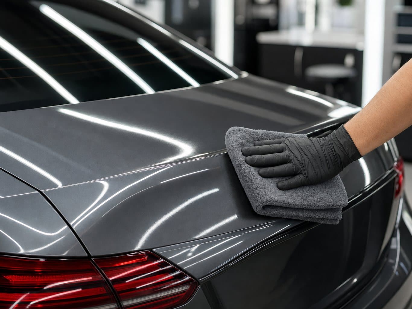 A gloved hand polishing an unbroken sweep of paintwork where model lettering has been removed