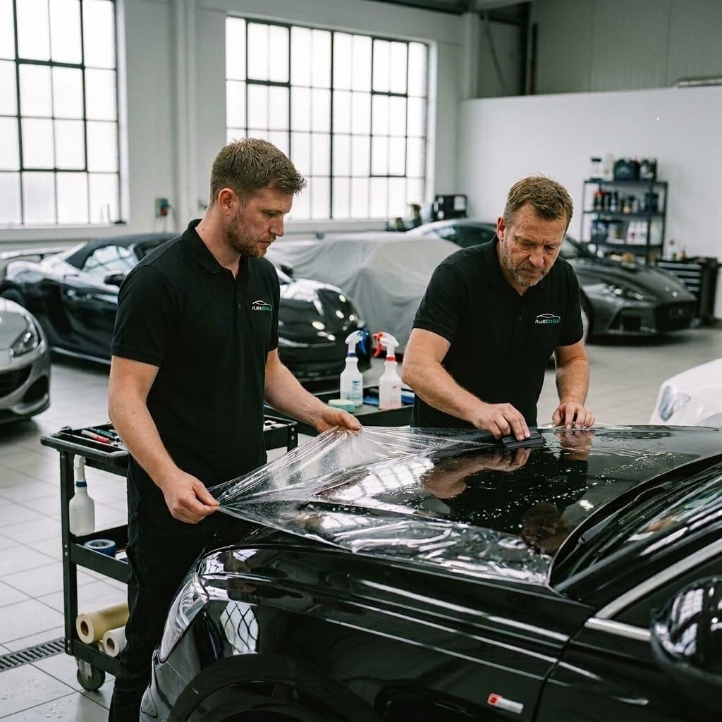 FleetShield technicians applying clear X-Line PPF to Zeekr 7x performance cars