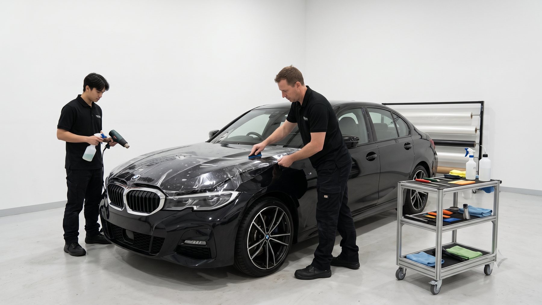 Two FleetShield specialists working on a vehicle in the workshop