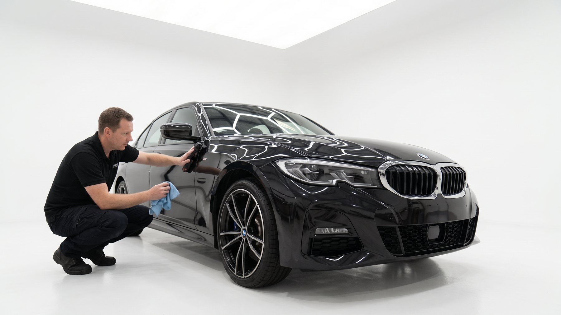 A FleetShield specialist inspecting the finish on a protected vehicle