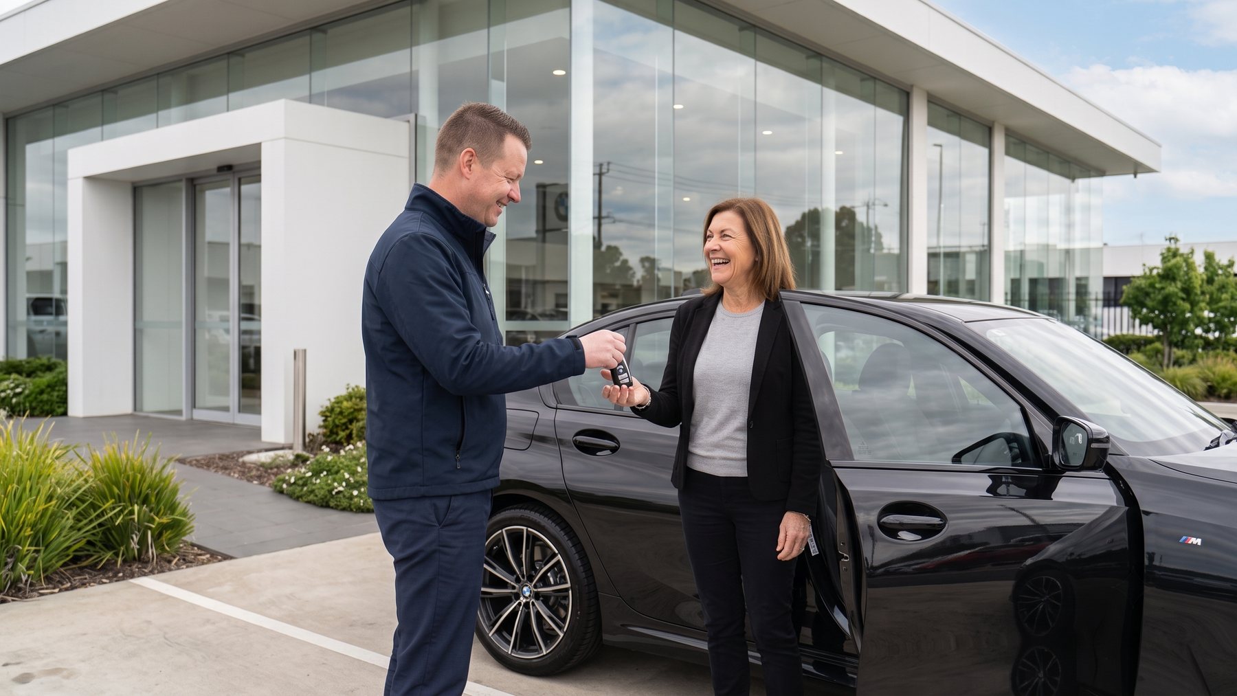 Keys being handed over beside a finished vehicle at a dealership