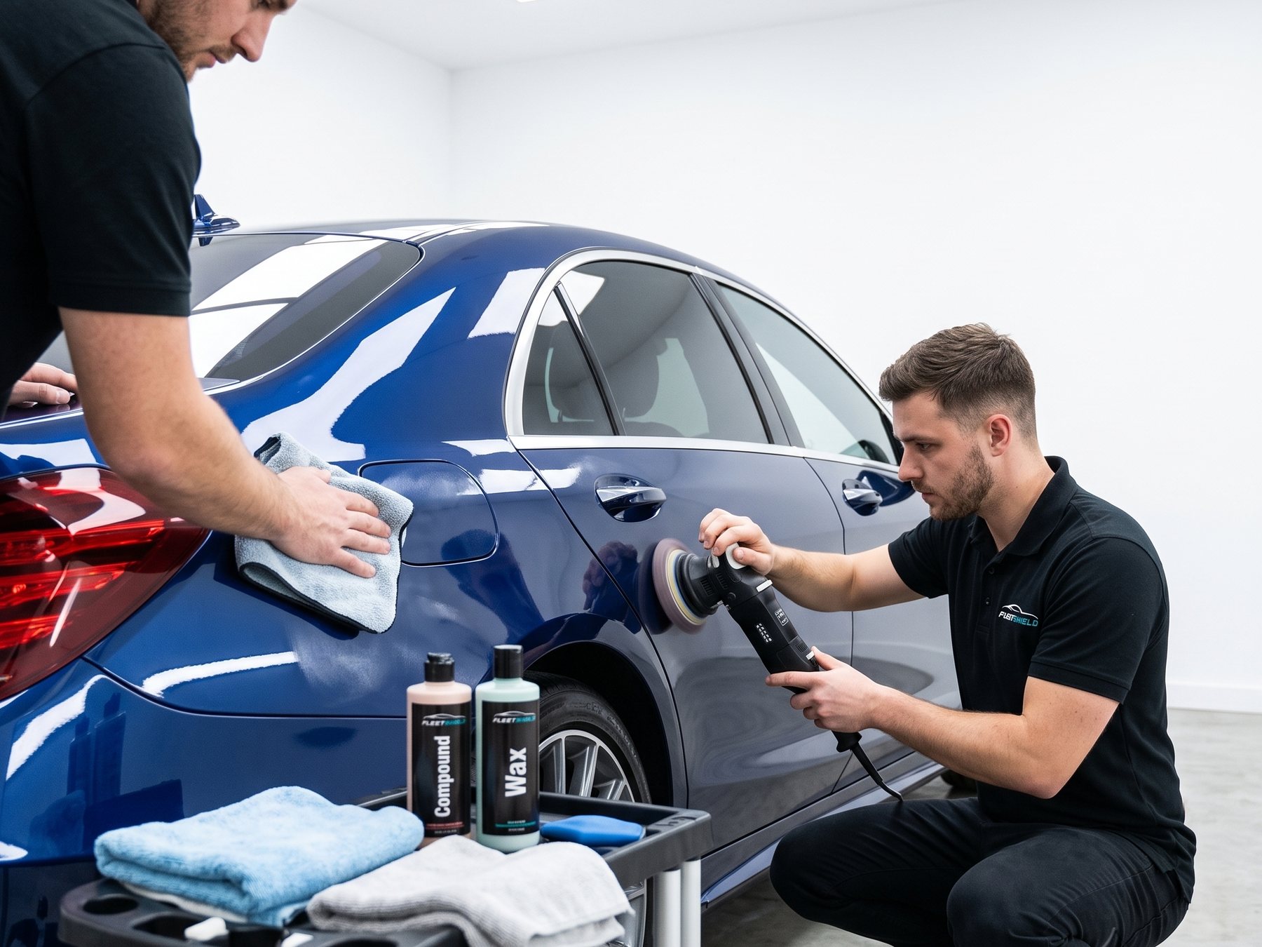 Two FleetShield specialists machine polishing a blue sedan