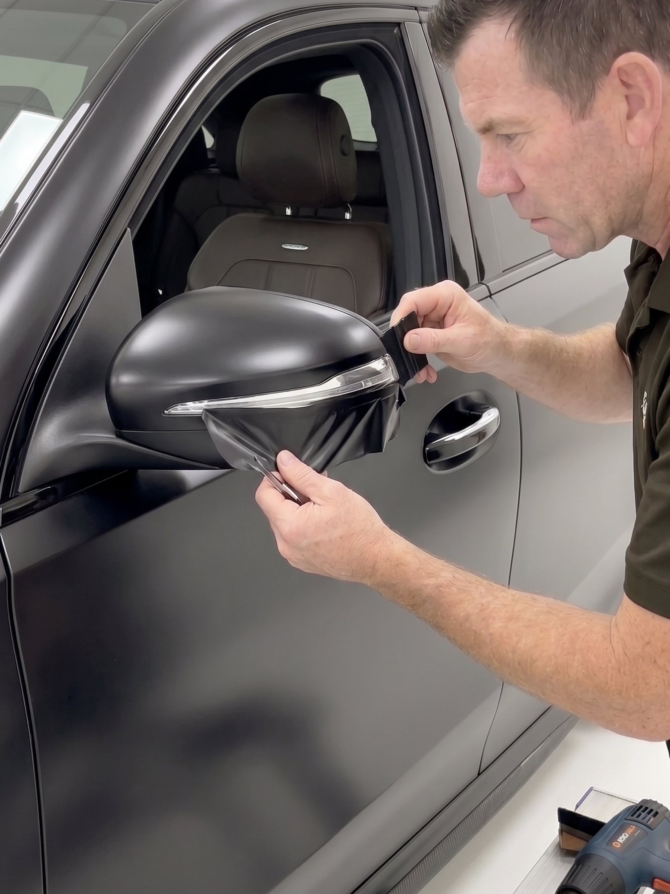 Installer wrapping a side mirror cap in gloss black