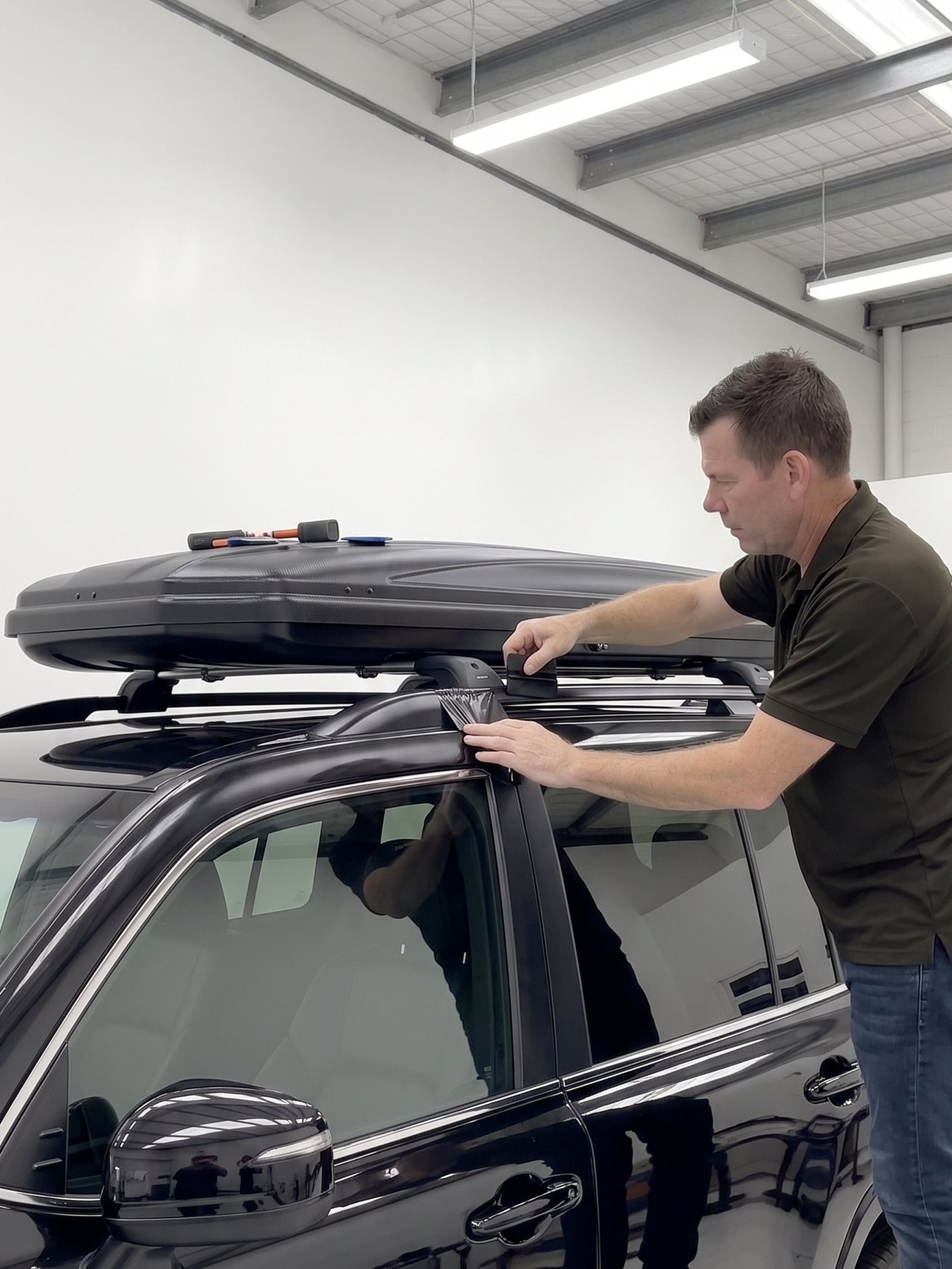 Installer blacking out the roof rails on an SUV