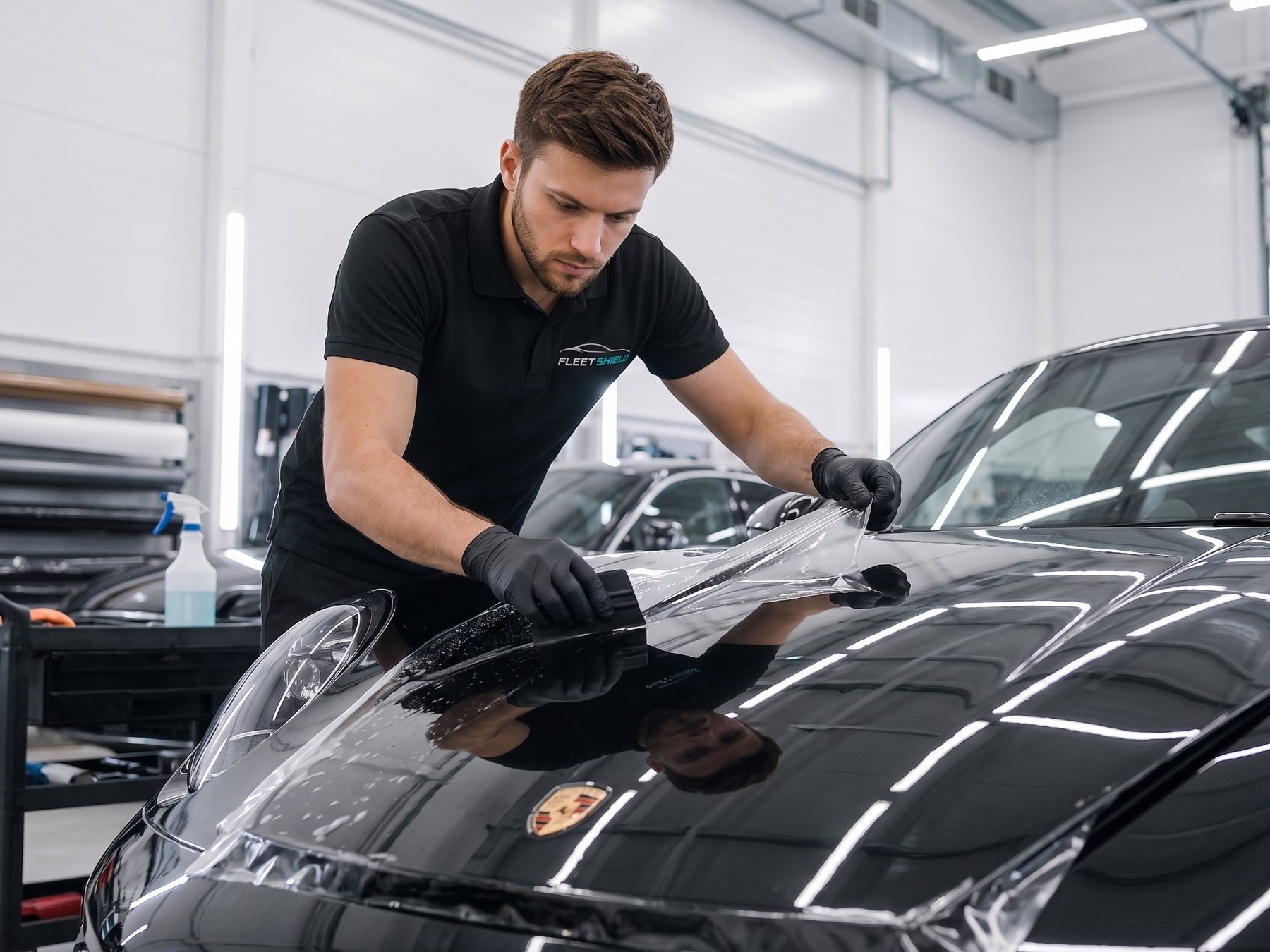 FleetShield installer squeegeeing Paint Protection Film across a bonnet