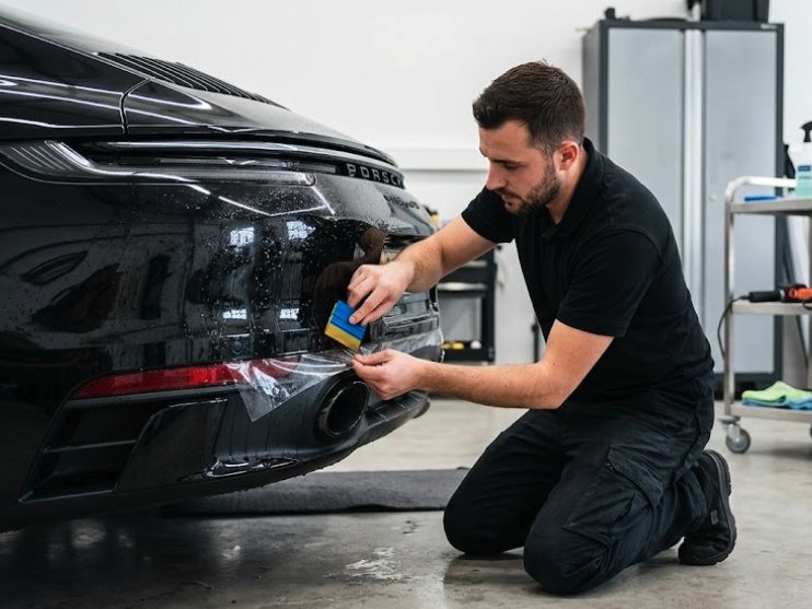 FleetShield installer applying Paint Protection Film to a rear bumper