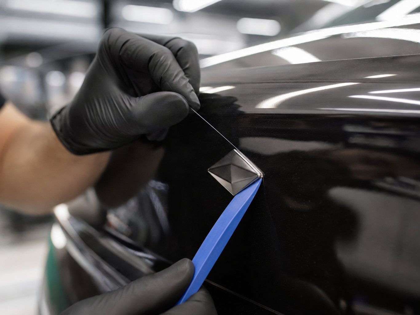 A gloved hand lifting an adhesive emblem from a black boot lid with fishing line
