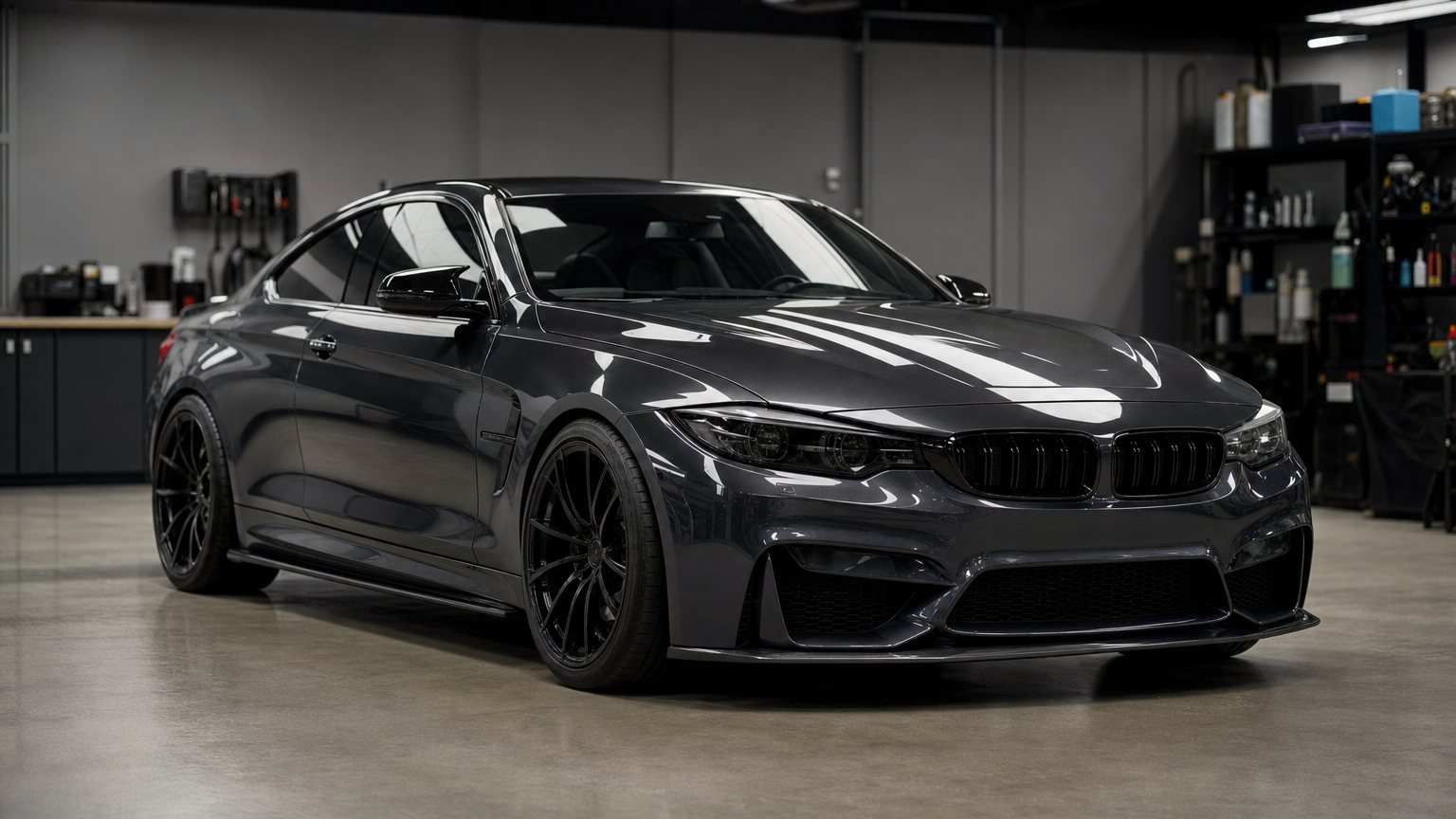 A dark performance car with blacked-out trim and tinted glass in a detailing workshop